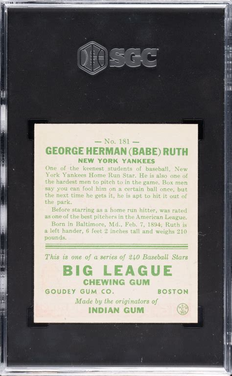 1933 R319 Goudey 181 Babe Ruth SGC NM 7 REA Archive