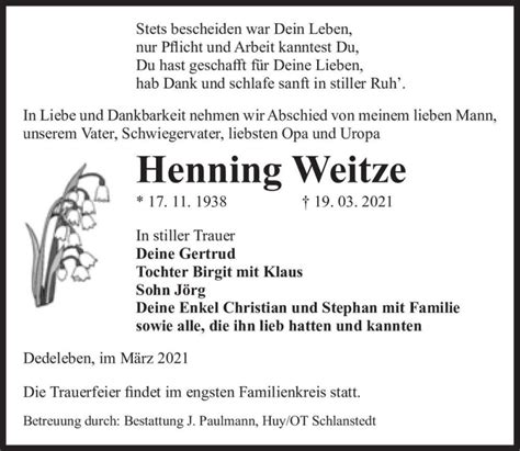 Traueranzeigen Von Henning Weitze Abschied Nehmen De