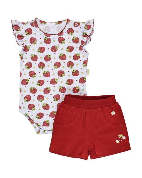 Conjunto Body E Short Em Moletinho Estampado Morangos Anjos Baby