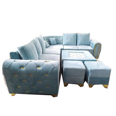 Wooden Velvet Sky Blue 8 Seater L Shape Sofa Set With Lounger At Rs