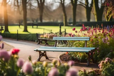 Premium Ai Image A Park Bench With Pink Flowers In The Middle