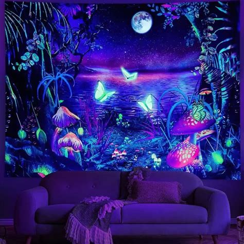 Fluorescent Tapestry Wall Hanging Uv Blacklight Night Print Home Deco