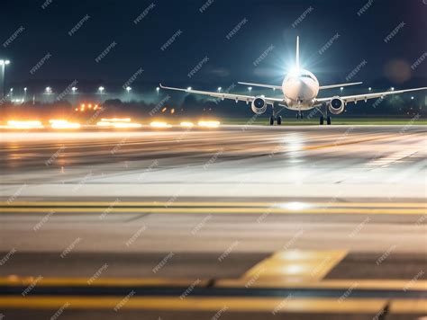 Premium AI Image | A plane is on a runway at night with lights on.