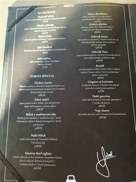 Menu At TABOO Bar Restaurant Mostar