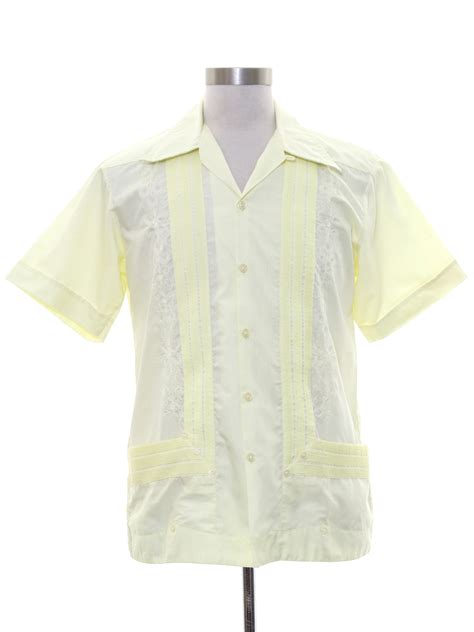 Vintage 1970s Guayabera Shirt 70s Guayateca Mens Light Yellow