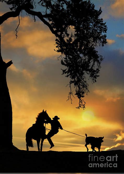 Steer Roping Cowboy in Sunset with Horse and Oak Tree Photograph by ...