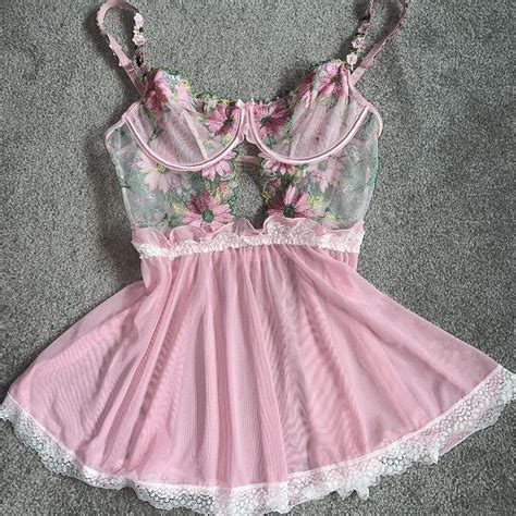 Pink Floral Mesh Lingerie Set Lingerie No Tag Fits Depop