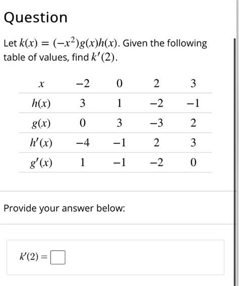 Solved Question Let K X âˆšx 2 G X H X Given The Following Table Of Values Find K 2