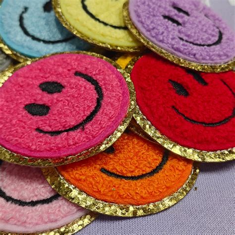 Chenille Smile Patch Chenille Smiley Face Iron On Patch Glitter Happy