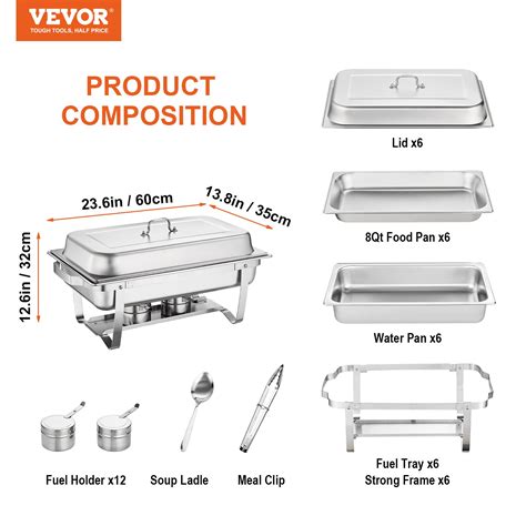 Vevor Chafing Dish Buffet Set 8 Qt 6 Pack Stainless Chafer With 6 Full Size Pans Rectangle