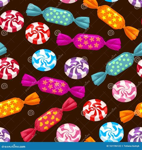 Candies in Colorful Wrappers on a Dark Background. Seamless Pattern