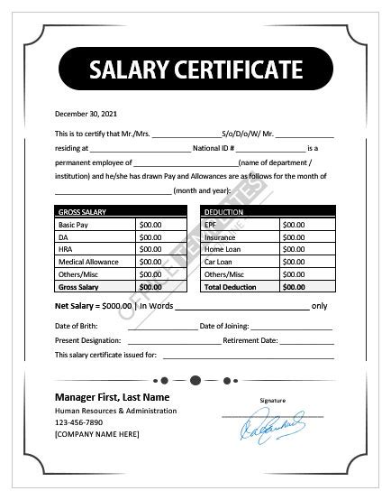 Free Employee Salary Certificate Templates With Sample Data In M By