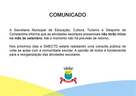 Comunicado Atividades Escolares Prefeitura Municipal De Constantina