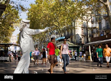 Human Statue Performing At Las Ramblas Barcelona Spain Stock Photo