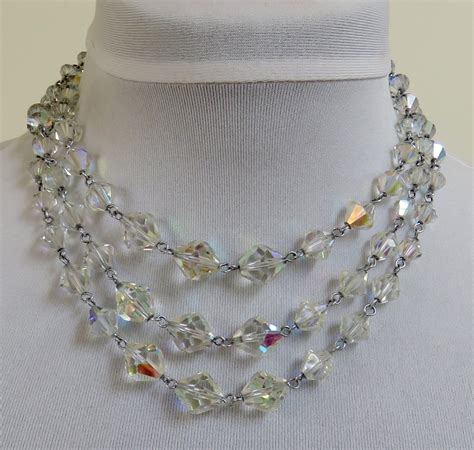 Vintage 1960s Three Strand Aurora Borealis Crystal Necklace