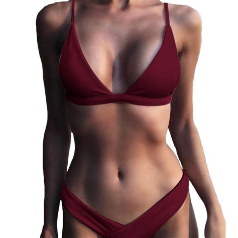 Jaberni Sexy Push Up Bikini Set Swimsuit Red Solid Padded Women