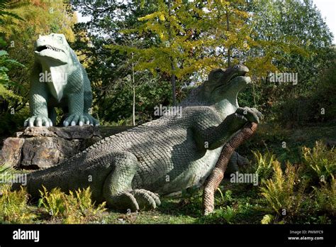 Dinosaur models in Crystal Palace Park, London, UK Stock Photo - Alamy