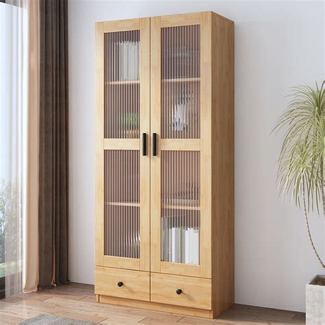 Scandinavian Storage Cabinet Rubberwood Glass Doors Display Cabinet For