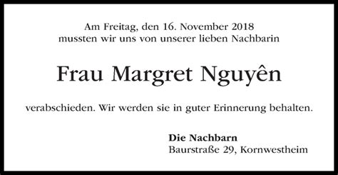 Traueranzeigen Von Margret Nguyen Stuttgart Gedenkt De