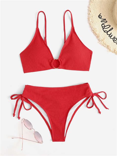 Shein Swim Basics Plain Rib Ring Linked Bikini Swimsuit Shein Uk