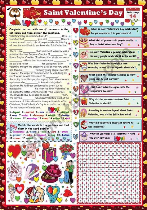 SAINT VALENTINE READING AND COMPREHENSION WORDSEARCH ESL Worksheet By