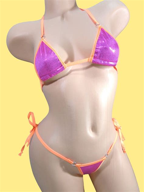 Micro Bikini W Side Tie G String Fuchsia Mystique Orange Trim S M Etsy