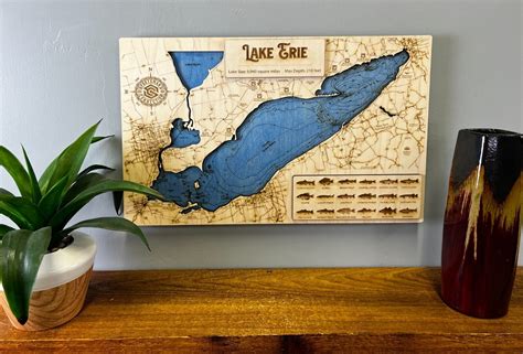 Lake Erie Great Lakes Wood Engraved Lake Map Wall Art Home Décor