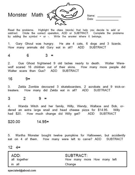 Monster Math Word Problems Free Pdfs For Halloween