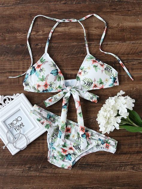 Flower Print Bow Tie Halter Bikini Set Shein Sheinside