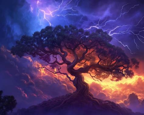 Premium Photo | Lightning striking tree vivid storm scene ...