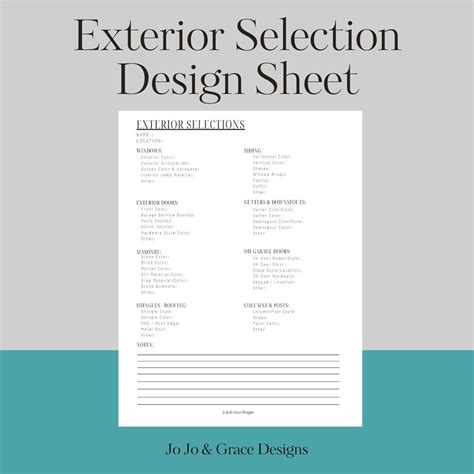 Exterior House Design Selection Sheet, Printable Builder Color