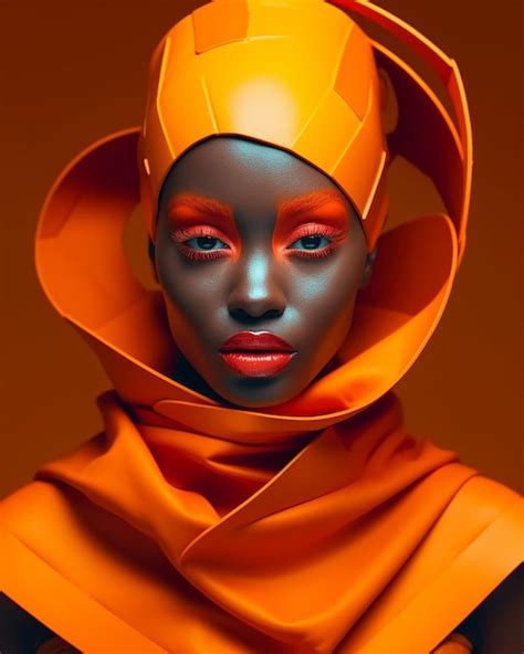 Premium AI Image A Woman With A Bright Orange Hat And Orange Eyes Is