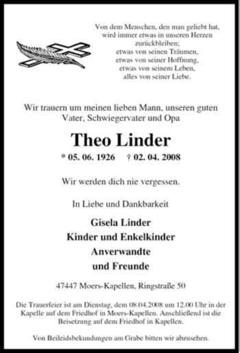 Traueranzeigen Von Theo Linder Trauer In Nrw De