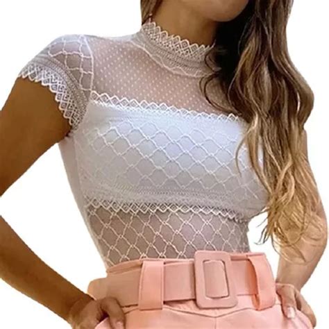 Body Bori Feminino Blusa Renda Gola Alta Manguinha Tule Poa Mercadolivre