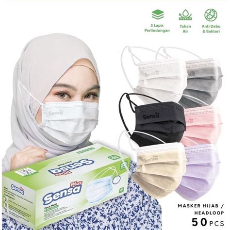 Jual Masker Ply Headloop Earloop Hijab Sensa Ada Embos Box Isi Pcs