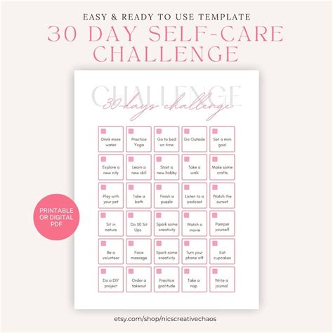 30 Day Challenge Self Care Printable Improve Mood Wellness Etsy