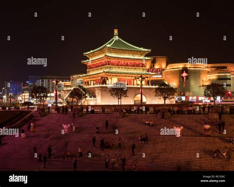 Illuminated Drum Tower In Xian China At Night Stock Photo Alamy