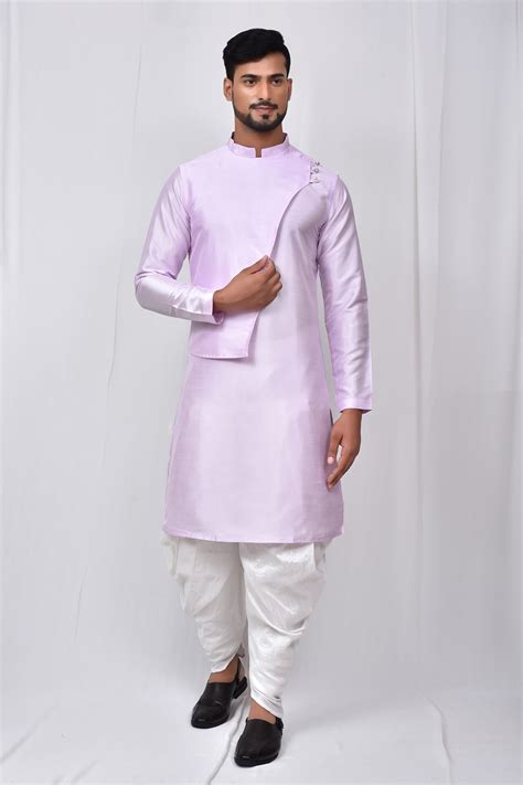 Buy Purple Art Silk Plain Mandarin Collar Kurta Set For Men By Adara