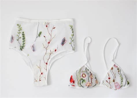 Embroidered Floral Lingerie Set Triangle Bra White Bralette High Waist Panties Floral Print