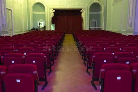 Red Seats with Numbers and Central Aisle in Cinema, Theater, Concert Hall. Stock Image - Image ...