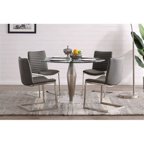 Armen Living Lindsey Brushed Stainless Steel Round Contemporary Modern Dining Table Glass Top