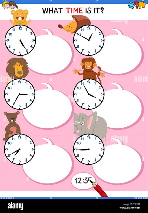 Cartoon Illustrations Of Telling Time Educational Activity With Clock