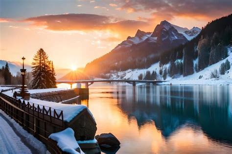 Premium Photo | A beautiful sunrise over a lake with snow covered ...