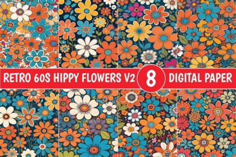 Retro 60s Hippy Flowers Patterns V2 Graphic By Art Crafted · Creative Fabrica