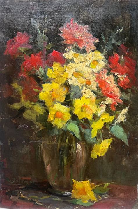 French Mid Century - Red and Yellow Flowers in Vase Signed French Impressionist 1950's Oil ...