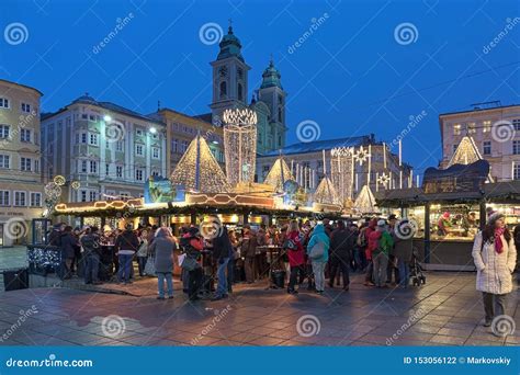 Christmas Market At Main Square Of Linz At Twilight Austria Editorial