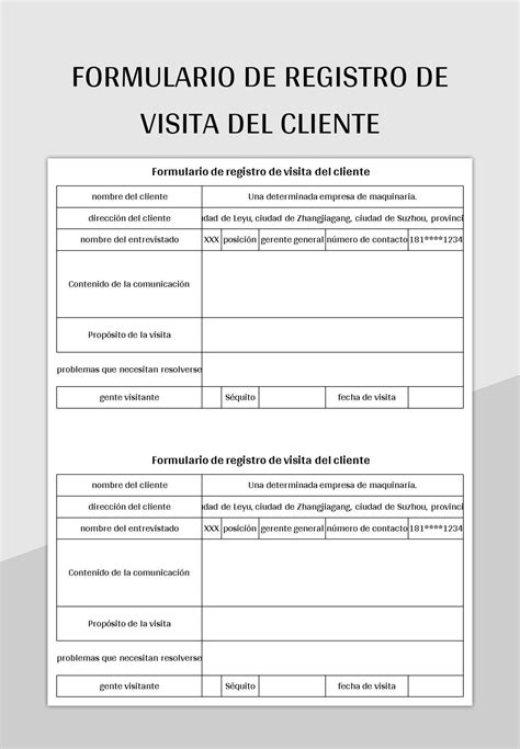 Plantilla De Excel Formulario De Registro De Visita Del Cliente Y Hoja