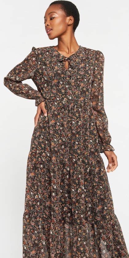 Lolaliza Maxi Jurk Met Bloemen En Lange Mouwen Oker Maat Bol