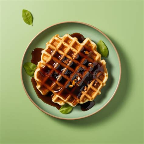 Realistic Waffles With Chocolate Syrup On Green Background Rendering