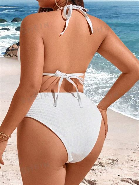 SHEIN Swim Curve Conjunto De Bikini De Cuello De Halter Con Textura Para Mujer De Talla Grande